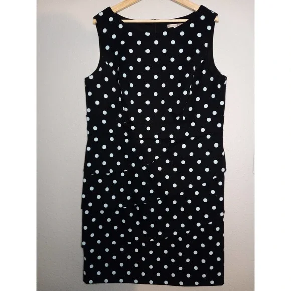 Signature Sabrina Formal Career Pencil Polka Dot Sleeveless Black Blue 16W Dress - Picture 2 of 11